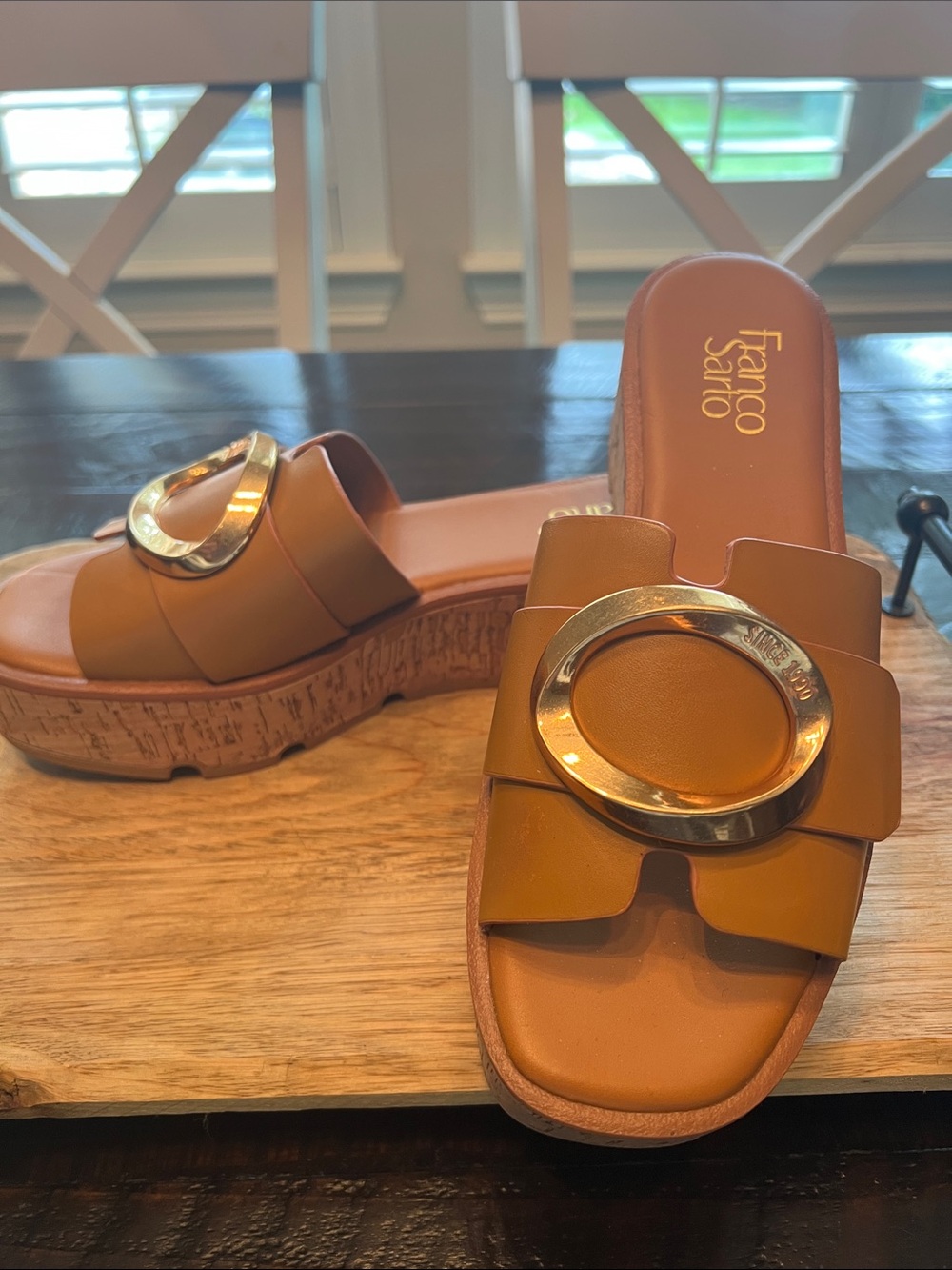 NWOT Franco Sarto Golden Tan/Cognac Leather Cork-Platform Slide with Gold Ring